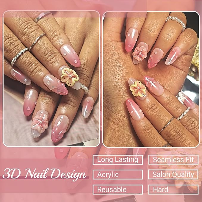 Handmade Acrylic Press On Nails Almond, Short Almond Press On Nails Pink, Ombre 3D Flower Nails For Women Gift, Reusable Stick On Fake Nails Kit With Nail Glue(3D Floral Blush-L)
