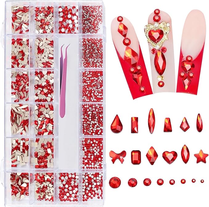 6080PCS Dark Red Rhinestones for Nails, Rhinestone kit with 20 Shapes, 3D Flatback Crystals Diamonds for Nail Art Design, Mix Sizes Nail Charms and Gems(Tweezers Included)
