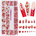 6080PCS Dark Red Rhinestones for Nails, Rhinestone kit with 20 Shapes, 3D Flatback Crystals Diamonds for Nail Art Design, Mix Sizes Nail Charms and Gems(Tweezers Included)