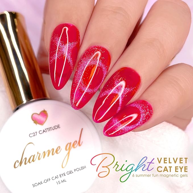 Daily Charme C27 Catitude Bright Velvet Cat Eye Magnetic Gel Nail Polish 15ml, Soak Off UV Led Gel Nail Polish Set, Home DIY/Nail Salon Manicure (Cherry Red)