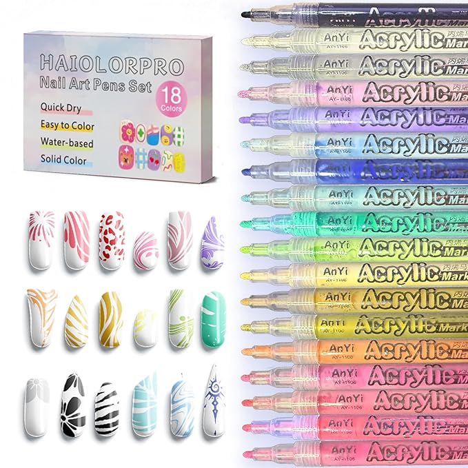 18 Colors Nail Art Pens Set, 3D Gel Nail Polish Pen Water-based Quick Drying, Acrylic Nail Paint Pens Kit Drawing Painting Liner Dotting Graffiti Manicure for Home Salon DIY