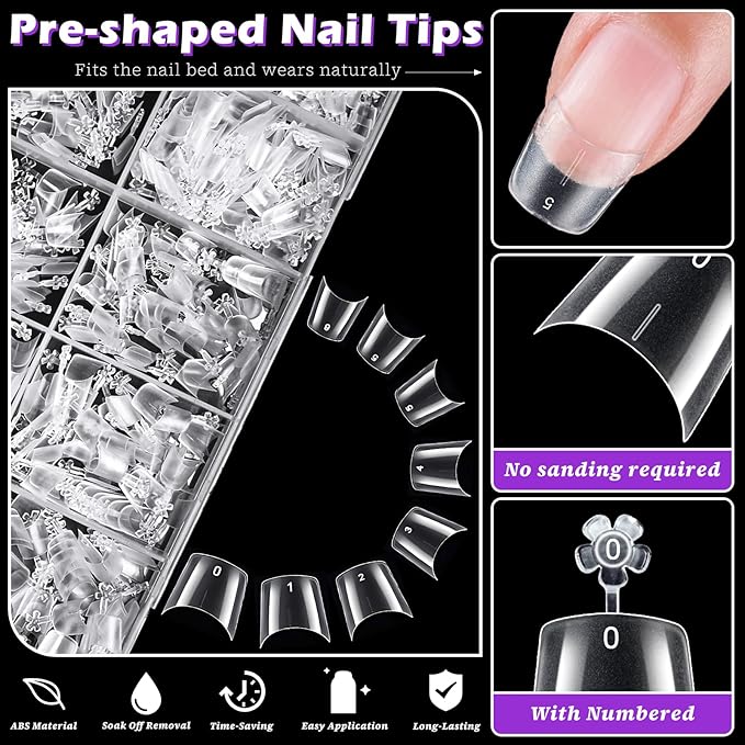 LoveOurHome 750pc French Coffin Nail Tips Clear Fake Nails Short Coffin Gel Nail Tips Half Cover Acrylic Nail Clear Short False Nail 15 Sizes Fingernail for Gel Nail Extension Press Nails