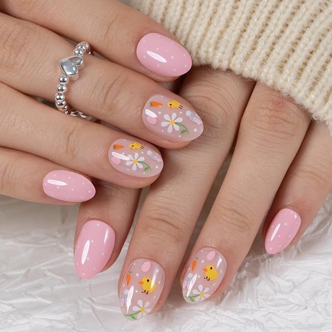 CurvLife Soft Gel Almond Extra Short Press On Nails, Long-Lasting Reusable Fake Nails Kit with Glue & Tabs, 30pcs Salon-Quality Stick On Nails for Women At-Home Manicure (Spring Chirp)