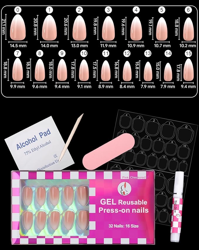 Peach Pink Ombre Press On Nails Short 16 Sizes Almond Fake Nails Glossy 32pcs, Nail Glue Included