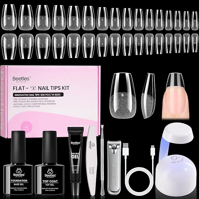 Beetles Gel Nail Kit Flat-X, Coffin Short, 320pcs 16 Sizes Nail tips, with 15g Nail Glue Gel Hands-Free, 7.5ml Base Gel & Top Coat, Mini Lamp, for Acrylic Press On Nail, Extension DIY Set at Home