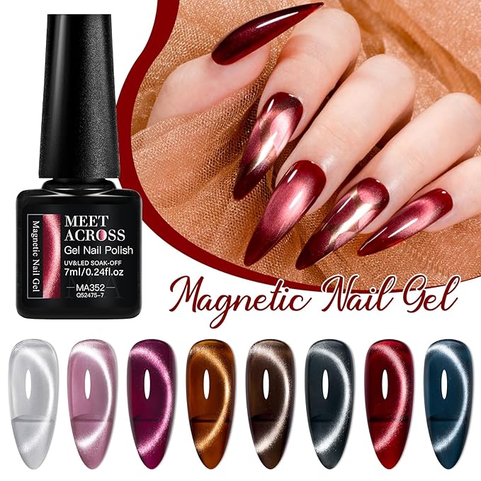MEET ACROSS Cat Eye Gel Nail Polish Set 12 Pcs, Fall Winter Retro Magnetic Gel Polish, Pink Brown Blue Gray Green Magnetic Nail Polish with Base Top Gel Soak Off Nail Art Salon Manicure Home Gift