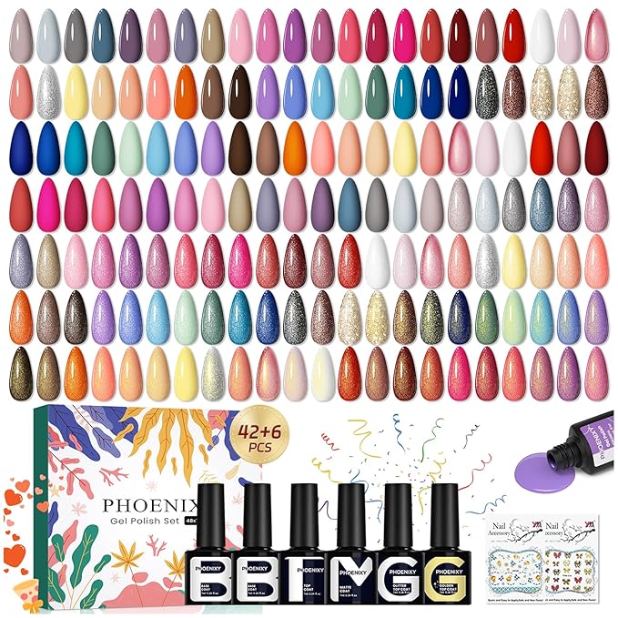 phoenixy 50 Pcs Gel Nail Polish Set, 42 Colors Nail Polish with 2 Base Coat & 4 Effects Top Coat Red Brown Colors Gel Polish Kit Nail Starter Set Christmas Gifts for Women Girls