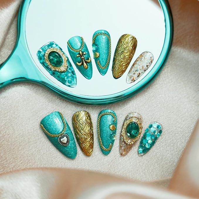 Luxury Vintage Press on Nails Medium Almond, Handmade 3D Gemstone & Glitter Design Green Gold Acrylic Nails, Reusable False Nails (Exotic Flair,L)