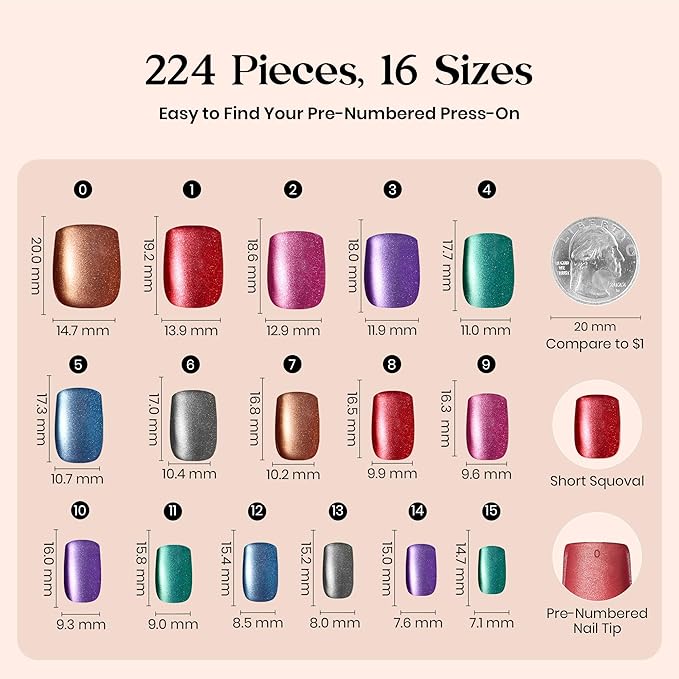 Beetles X Press Plus Cat Eye Nails - Galaxy Aurora | 7 Colors Short Square Press On Nails | 16 Sizes 224 Pcs Natural Salon Quality For Red Blue Purple Nails St Patrick Day