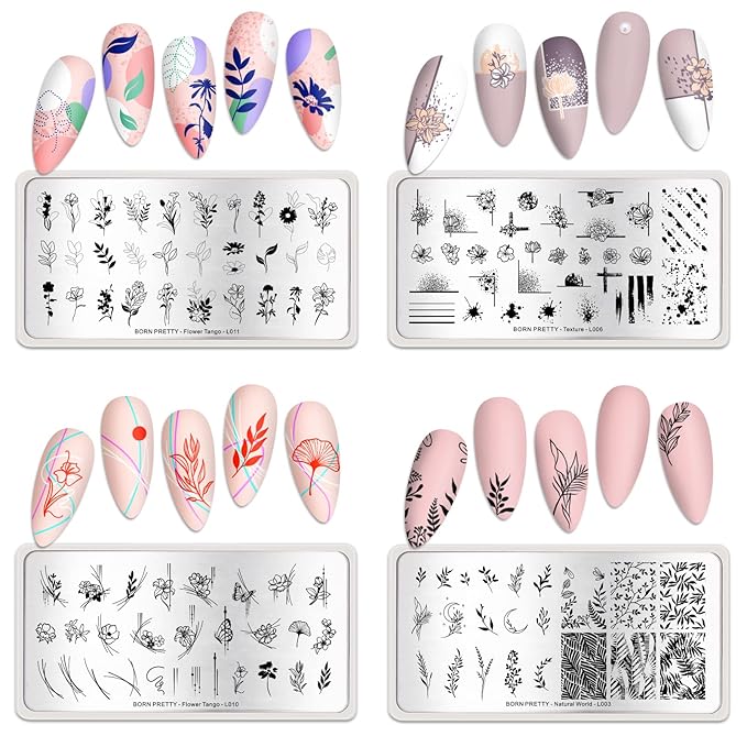 BORN PRETTY Stamping Temeplates Nail Art Stamping Plates Flower Leaves Theme Nail Image Plates Nail Manicuring DIY Printing Tools 4PCS