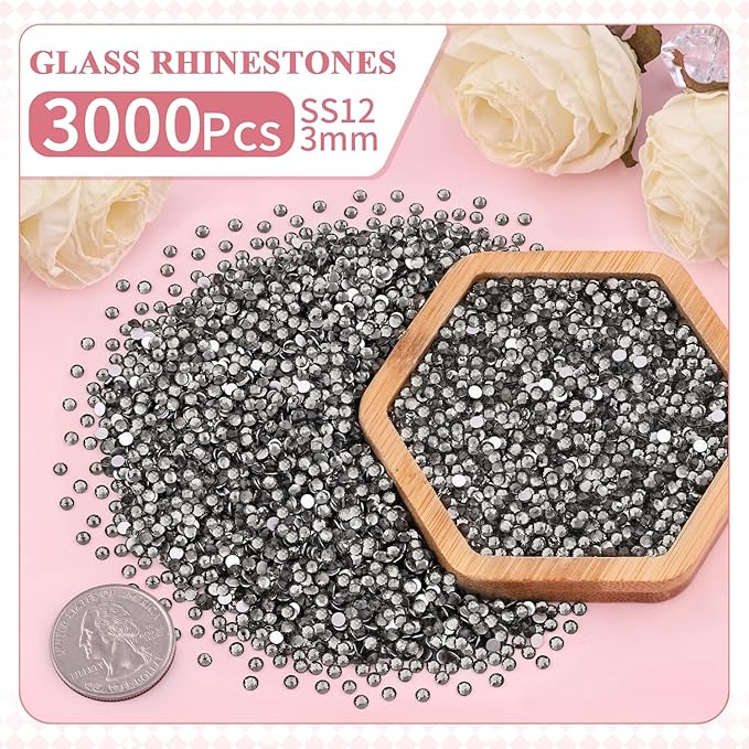 3000PCS SS12/3mm Crystal Rhinestones (Black Diamond) with 2Pcs 10ml B7000 Jewelry Glue, Bedazzling Flatback Glass Rhinestones for Crafting, Gems Diomand Charms for Tumbler Shoes Clothing Mugs Nail Art