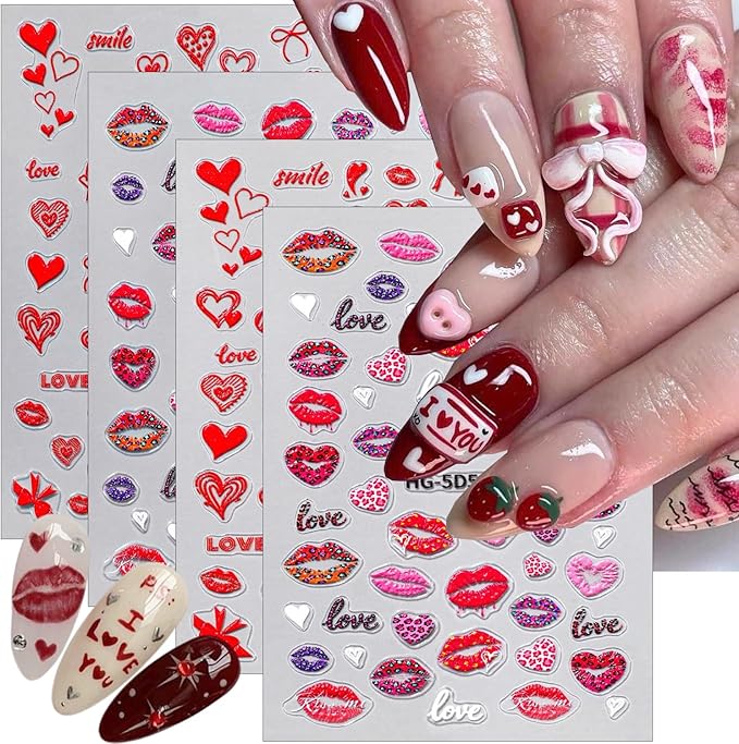4Pcs Valentines Day Nail Stickers 5D Embossed Red Lips Heart Nail Art Stickers Leopard Print Lips Bow Love Designs Self-Adhesive Nails Art Supplies Holiday Nail Decals for Women Manicure Decorations