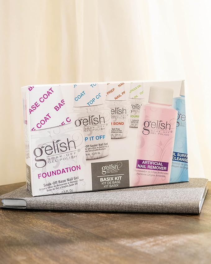 Gelish MINI Complete Basix Kit - Gel Nail Polish Prep Essentials Starter Kit with Foundation, pH Bond, Top It Off, Nourish, Nail Remover & Cleanser - Long-Lasting Salon-Quality Manicure at Home.