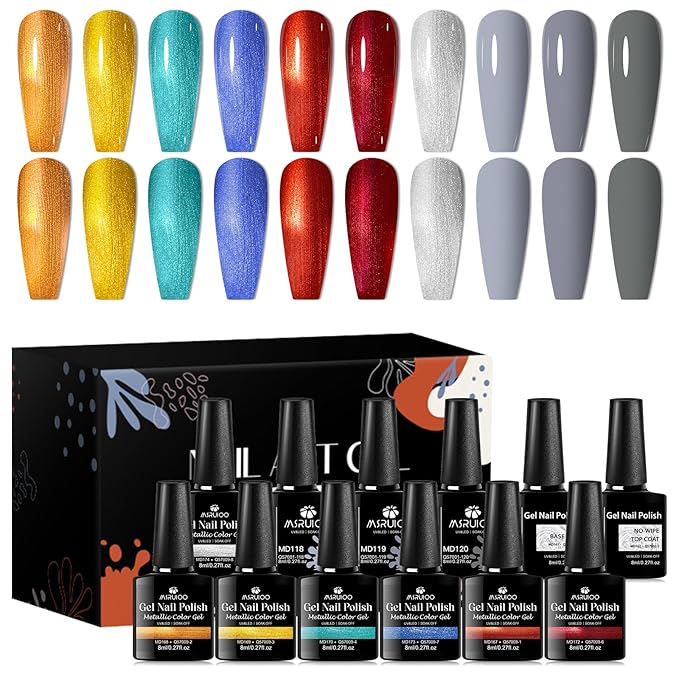 12PCS Metallic Gel Nail Polish Set Orange Blue Red Nail Polish Kit Metallic Effect Gel Gray Nude Gel Polish Set Manicure Kit 10 Colors 8ml