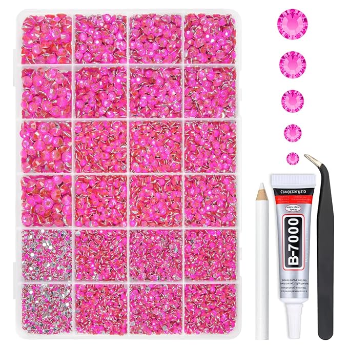 Hot Pink Crystal Resin Rhinestones w B7000 Glue for Bedazzling Crafting Flatback Stones 2mm-6mm Rose Red Diamonds Gems Bedazzler Kit for Nails Face Eyes Makeup Tumblers Bottles DIY Crafts Shoes