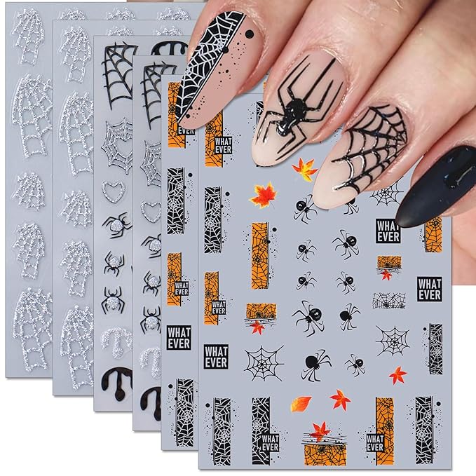Halloween Nail Art Stickers, Slivery Nail Decals, 3D Self-Adhesive Design for DIY Nail Supplies Decoration (6 Sheets)