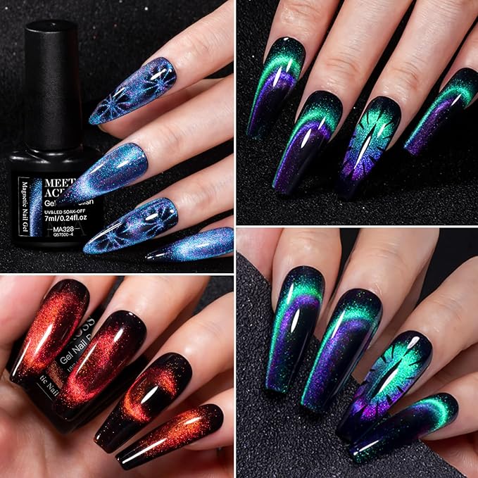 MEET ACROSS 9Pcs Cat Eye Gel Nail Polish Set Red Blue Purple Blue Magnetic Gel Polish Kit with Magnet, Soak Off UV Cateye Nail Polish DIY Manicure Kit 8 Colors