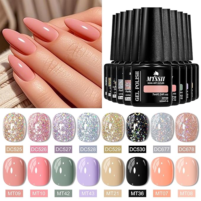 MTSSII Pink Purple Khaki Black Gel Nail Polish 18 Pcs Pink Purple Silver Yellow Black Glitter Gel Nail Polish with Base Gel Set Glitter Polish Kit for DIY Nail Art Women Gifts