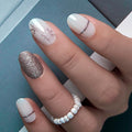 Curvlife Press on Nails Acrylic Fake Nails with Design Full Cover False Nails for Women Reusable Nail Kit (Snowflake Silver, 32pcs)
