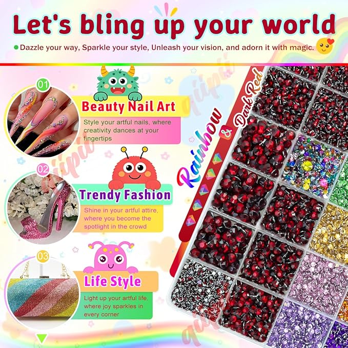 28 Grids Dark Red 2mm-6mm Resin Rhinestones w B7000 Glue for Bedazzling Crafting Maroon Flatback Stones Diamonds Crystals Gems Colorful Bedazzler Kit for Nails Face Eyes Makeup Tumblers Crafts