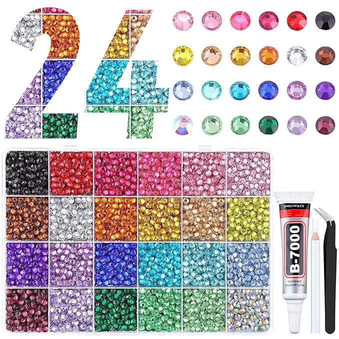 6600Pcs Resin Rhinestones for Bedazzling with Tweezers, Multicolor 5mm Rhinestones for Crafting with B7000 Jewelry Glue for DIY Crafts Clothing Tumblers Shoes Fabric Nail Art