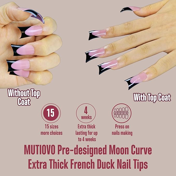 Black French Tip Duck Feet Nail Tips Full Cover for Press on Acrylic with Moon Curve, BERRY PINK Extra Thick Medim Long, Flare Wide Soft Gel Fake False Nail Extension x 15 Sizes 150 pcs