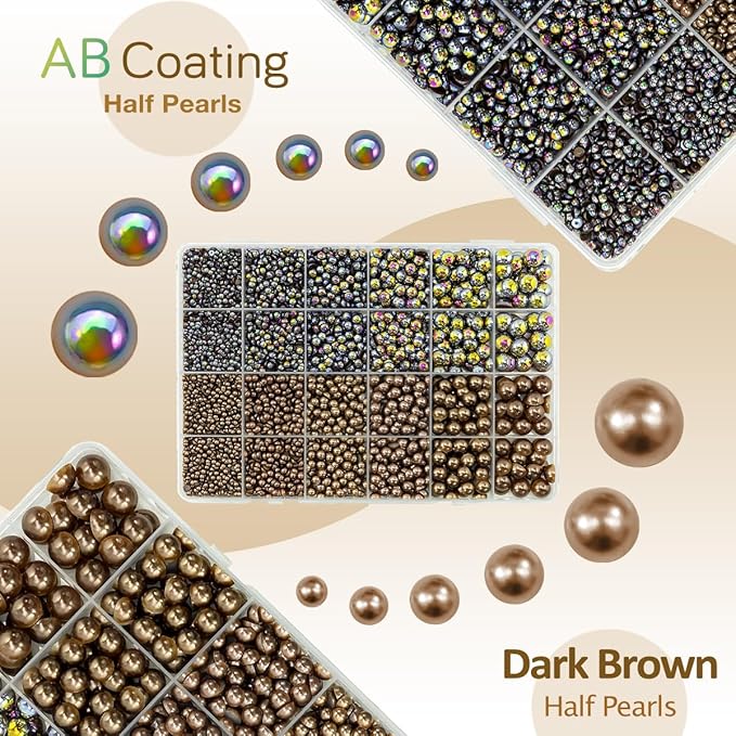 2 Styles Solid Dark Brown+ Brown AB Flatback Pearls for Bedazzling Crafting 3mm-10mm Coffee Half Round Pearls Beads Gems Bedazzler Kit for Nails Face Eyes Makeup Tumblers Bottles DIY Crafts