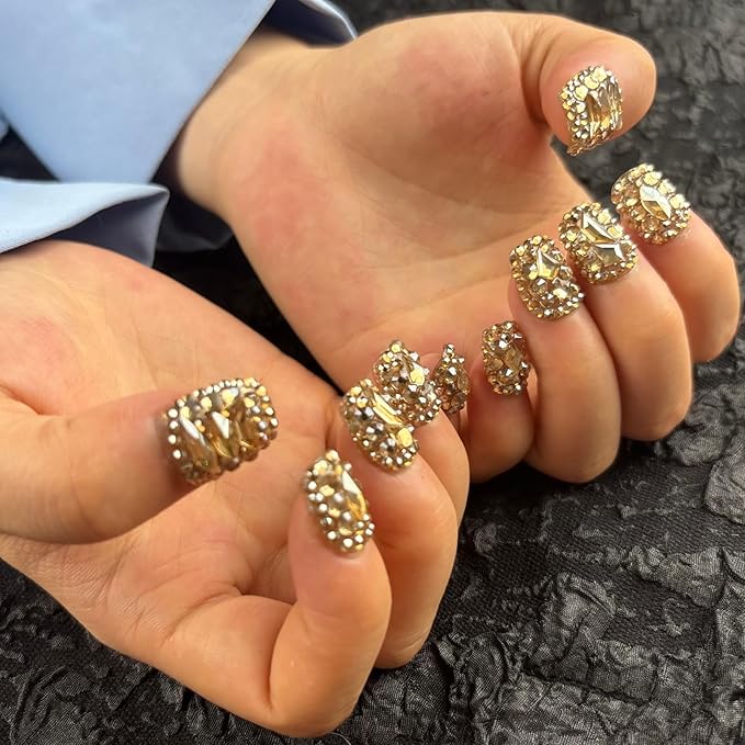 Trendy Handmade Press On Nails Short Square Shape,10Pcs Bling Bling Acrylic Fake Nails with 3D Rhinestone Luxury Design Stick On Nail for Woman Gift(AKA 016, Medium)