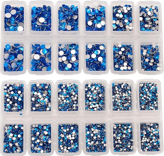 10000 Pieces Rhinestones 6 Sizes Round Crystal Glass Flat Back Rhinestones with 1Tweezers and 1Picking Pen for Nail Art Crafts Clothes Bags DIY (Blue Zircon)
