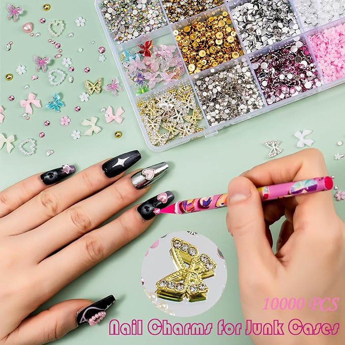 10000pcs Nail Charms and Gems:Pink Cute Bow Heart 3D Flower Charms for Junk Cases kit;Gold Chunky Butterfly Charms for Nails Design,nail jewels Diamond Rhinestones for Nails;Beads Pearls for Nails Art