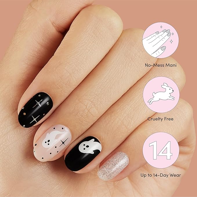 Dashing Diva Gloss Nail Strips - Ghostly Touch - UV Free, Chip Resistant, Long Lasting Gel Nail Stickers - 3-Piece Glow-In-The-Dark Manicure Set - Contains 32 Wraps, 1 Prep Pad, 1 File