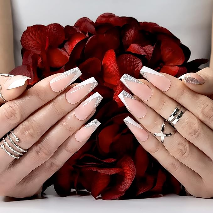 Hypnaughty 24 Pcs Modern Glittery French Luxury Coffin Press On Nails with Holographic Glitter Design and Glue Medium Long False Nails with White and Silver Tips (Modern Glittery French)