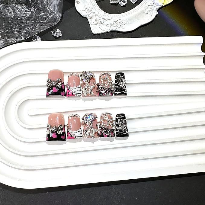 Handmade Short Duck Press on Nails Luxury 3D Unique Reusable ABS Material Fake Nails Black French Tip False Nails with Charms Designs Sparkly Glossy Glue on Nail for Women 10Pcs (Size M)