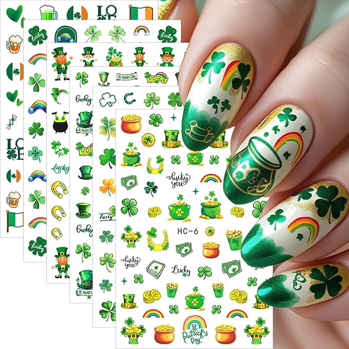 6 Sheets St Patricks Day Nail Stickers Lucky Rainbow Clover Nail Art Stickers Irish Flag Horseshoe Hat Beer Gold Coins Shamrocks Nail Decor 3D Self-Adhesive St. Patrick's Day Nail Decals for Women