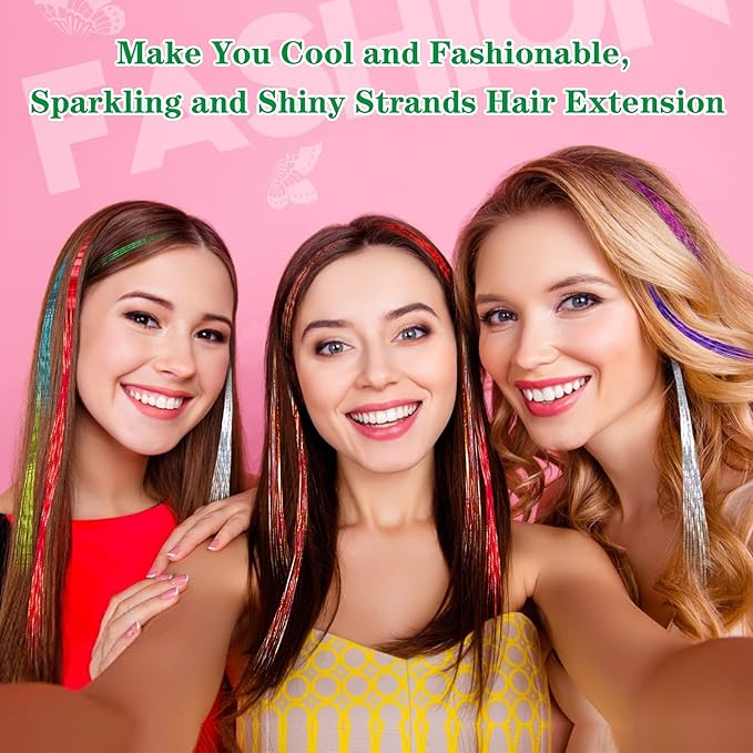 FEBSNOW 47 Inches Tinsel Hair Extension with Tool 2400 Strands 12 Mixed Colors Hair Extension Tinsel Kit Glitter Rainbow Hair Extensions for Christmas New Year Wedding Birthday Party Accessories