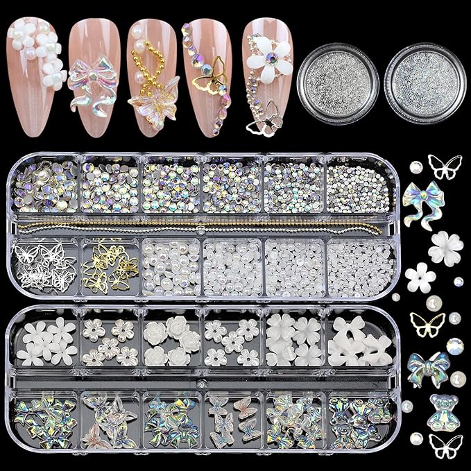 Flatback Nail Art Pearls Flower Bow Butterfly Nail Charms with Rhinestones Gold Silver Colorful Pearls Rhinestones Gems for Women Acrylic Manicure Decorations Supplies