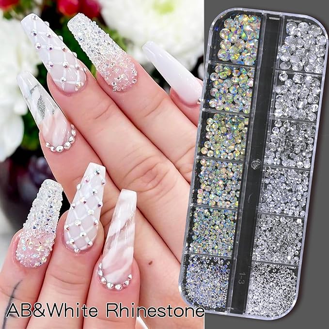 HNUIX Nail Charms - Nail Gems with 6 Boxes of Rhinestones for Nails Art Tools, 3D Charms for Nails, Colorful Clear Flatback Rhinestones, Multi Shape Pearls Jewels Crystals for Craft