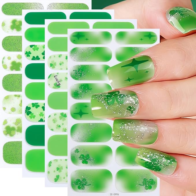 4 Sheets St. Patrick 's Day Gel Nail Stickers Irish Lucky Shamrock Nail Wraps Stickers Green Glitter French Nail Polish Strips Full Wrap Nail Strips Saint Patrick's Day Nails Supply for Women Manicure