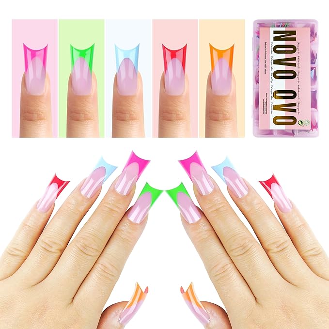 NOVO OVO Halloween French Tip Duck Feet Nail Tips 5 Mix Color Full Cover Press on Acrylic with Moon Curve, Need Top Coat and Builder Gel, Thick Medim Soft Gel False Nail Extension X 15 Sizes 150 Pcs
