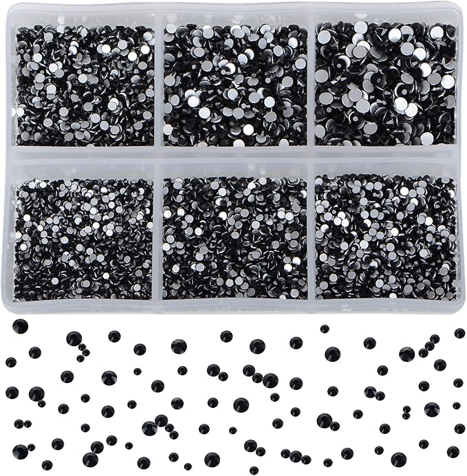 Bymitel 7200 Pieces 6 Mixed Sizes Glue Fix on Glass Rhinestones Round Crystal Gems Flatback for DIY Jewelry Making with one Picking Pen(Mix: SS3-SS10/7200PCS, Black)
