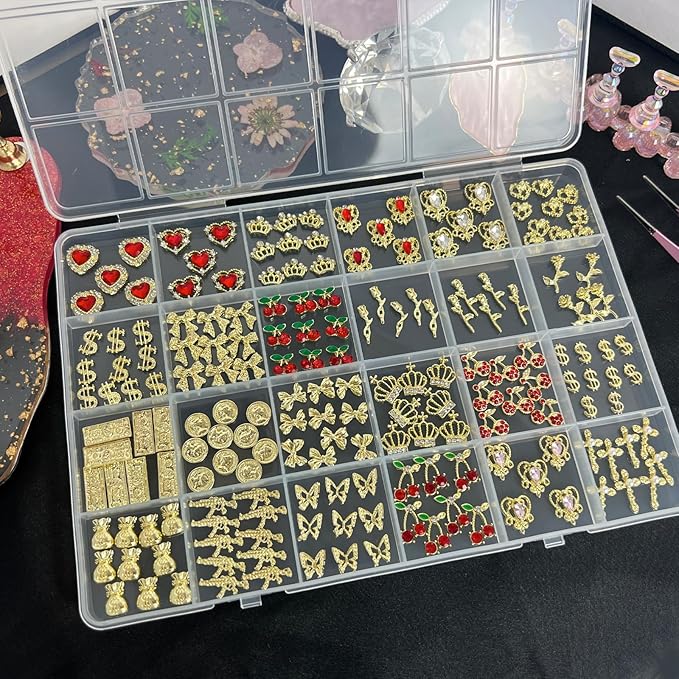 KINGNAME 200 PCS Gold Nail Charms Set with Hearts, Crowns, Cherries, Dollar Signs for Nail Art Decoration Jewelry