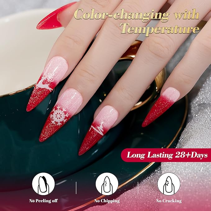 YTD Likomey Color Changing Gel Nail Polish,15ml Light Pink To Red Glitter Mood Temperature Change Colors Ombre Thermal Salon Home Manicure Fall Winter UV Nails Varnish,WB212
