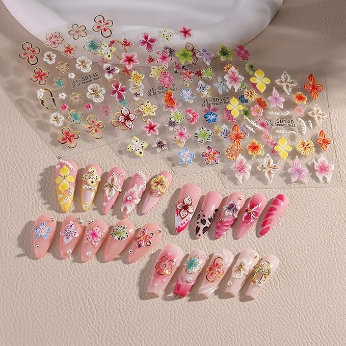 Stickers para Uñas Nail Stickers Self-Adhesive Sticker para Uñas Colorful 3D FlowerFloral Nail Stickers Art Design Accessories Hight Quality 4 Sheets