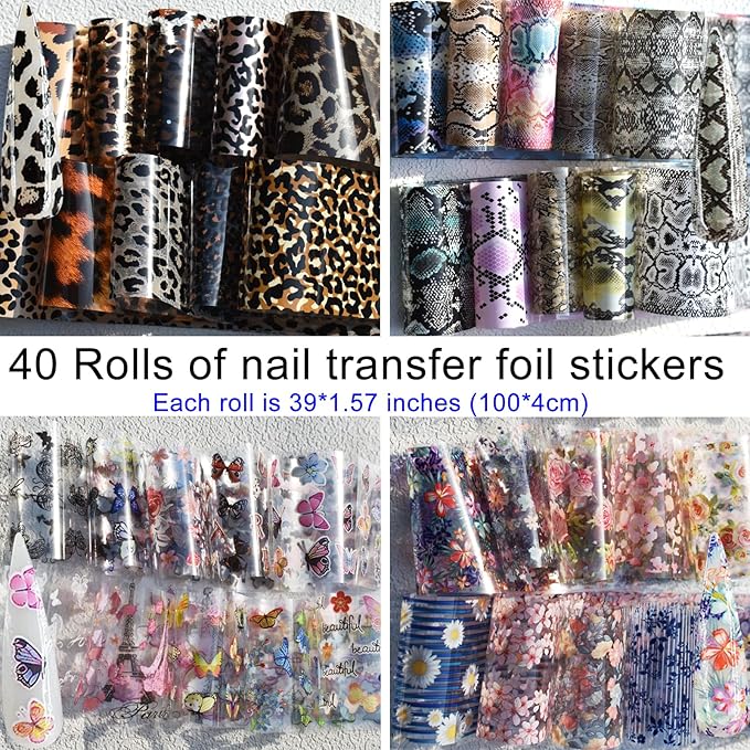 Nail Art Transfer Foils Collection,40 Rolls Nail Art Foils Transfer Stickers Set Floral Flower Patterns,Leopard Animal Print,Snake Skin,Butterfly Patterns Nails Foil Adhesive Decals 40 Designs