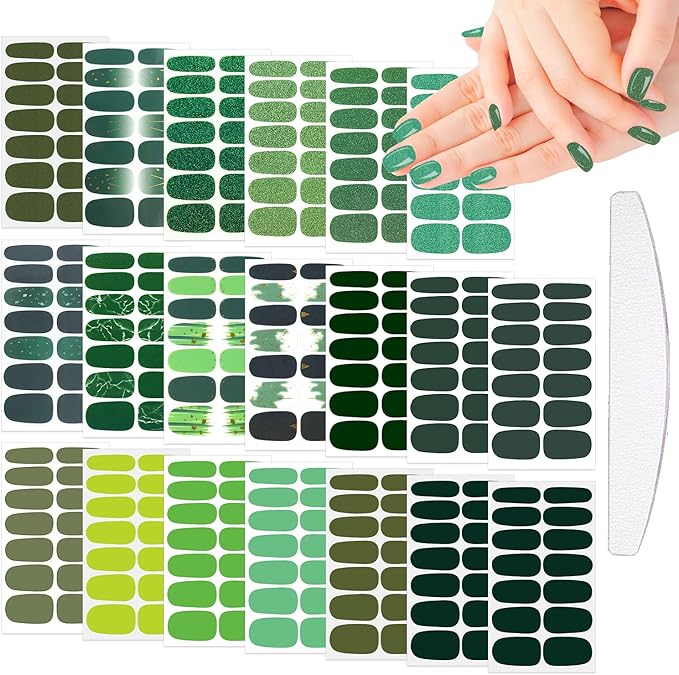 20 Sheets Green Solid Color Nail Polish Strips with Nail File Self-Adhesive St. Patrick's Day Nail Strips Nail Stickers Full Nail Wraps for Women Nail Art