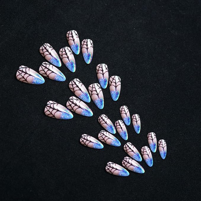 24 Pcs Halloween Gradient Press on Nails, Almond Fake Nails with Spider Web Design, Glossy Acrylic Nails, Full Cover Reusable Stick on Nails for Women Girls Nail Supplies