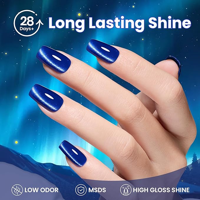 beetles Gel Polish Navy Blue Cat Eye Gel Nail Polish - 15ML Blue Cat Eye Glitter Gel Polish Magnetic Shimmer Effect Soak Off UV French Nail Art Design Salon DIY Manicure Gift for Women