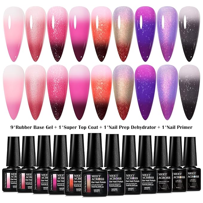 MEET ACROSS Color Changing Builder Nail Gel of 12 Temperature Shiny Changing Colors Rubber Base Gel Polish Including Pink Purple Orange Mood Changing Gel Manicure Kit for Nail Art Home DIY