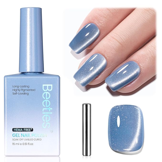 Beetles Glacial Sigh Blue Cat Eye Gel Nail Polish - 15ML Light Blue Cat Eye Glitter Gel Polish with Magnet Soak Off UV Velvet Nail Polish Salon DIY Nail Art Manicure Gift for Women