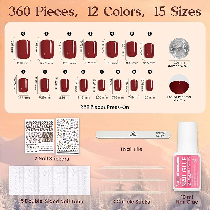 Beetles Press On Nails Kit - Festival Glow | 360Pcs 12 Colors Short Square Press On Nails | 15 Sizes Matte Glossy Glitter With Nail Glue & Nail Tabs Stickers, Fake Nails Kit Art For Women